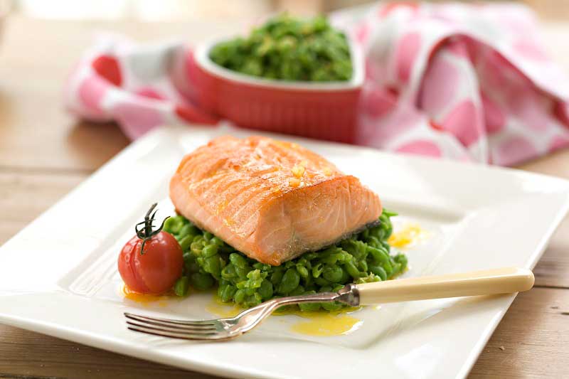 Pan Fried Salmon With Pea And Citrus Crush