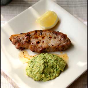 Pea And Hummus Puree With Escalopes Of Pork