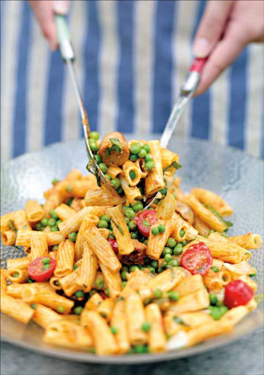 Pea, Sausage and Cherry Tomato Red Pesto Pasta