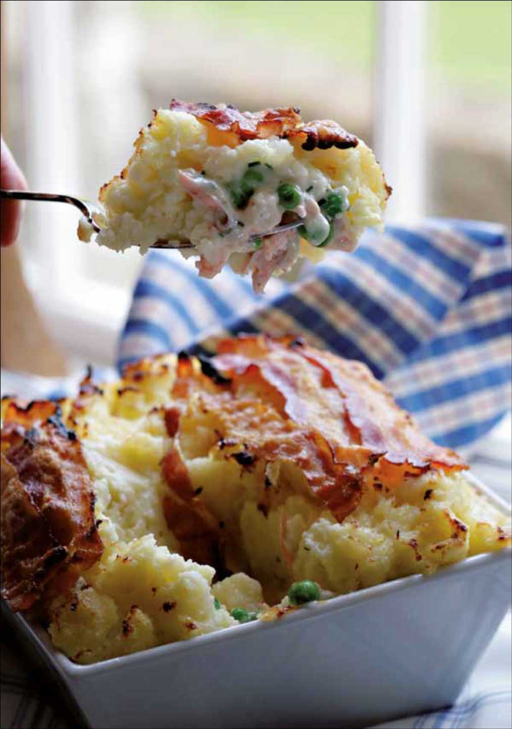 Salmon, Pea and Prawn Pie with a Crispy Potato and Pancetta Topping