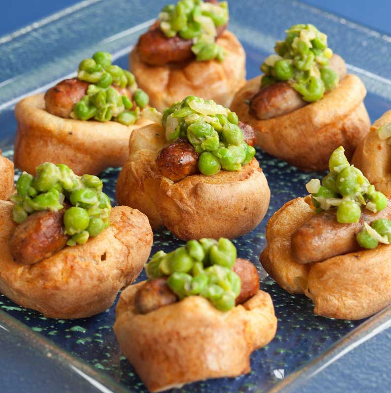 Mini Sausages Toadies with Pea Crush