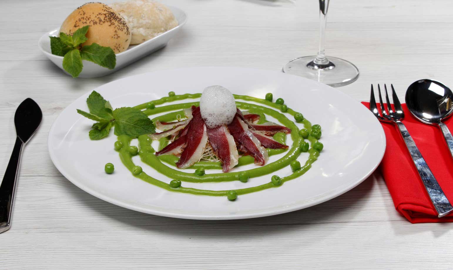 Smoked Duck Breast with Pea Cream & Mint Air