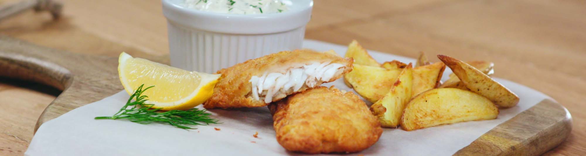Battered Coated Fish, Potato Wedges and Remoulade 