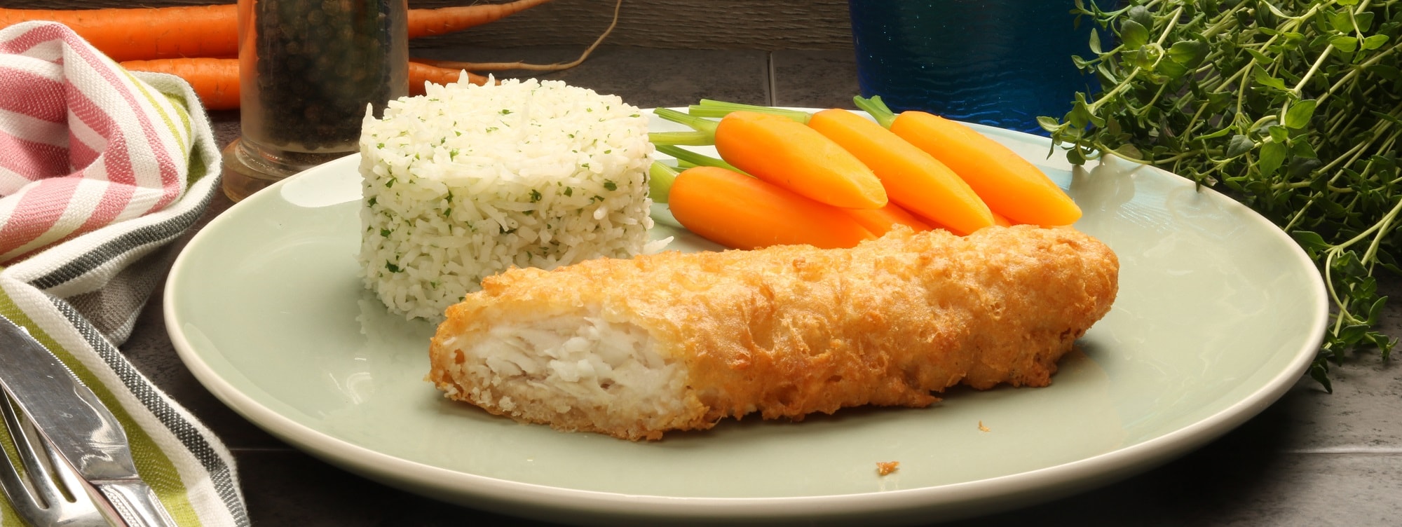 Extra Large Battered Fish with Thyme Rice & Baby Carrots
