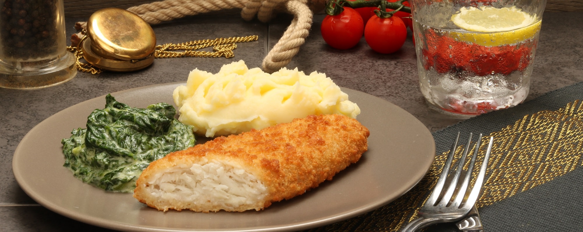 Breaded Cod Fillets with Mashed Potato and Crème Fraiche Spinach