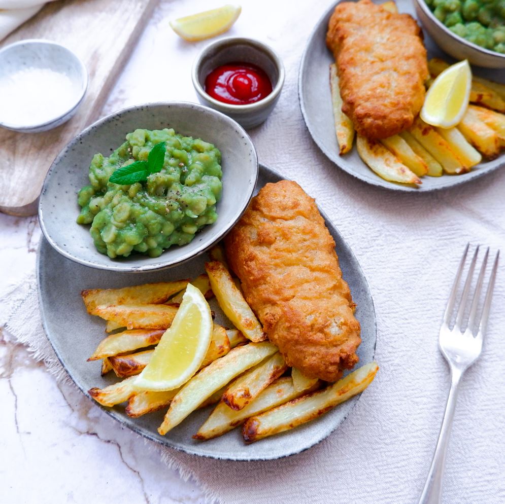 Battered Cod, Chips and Mushy Peas