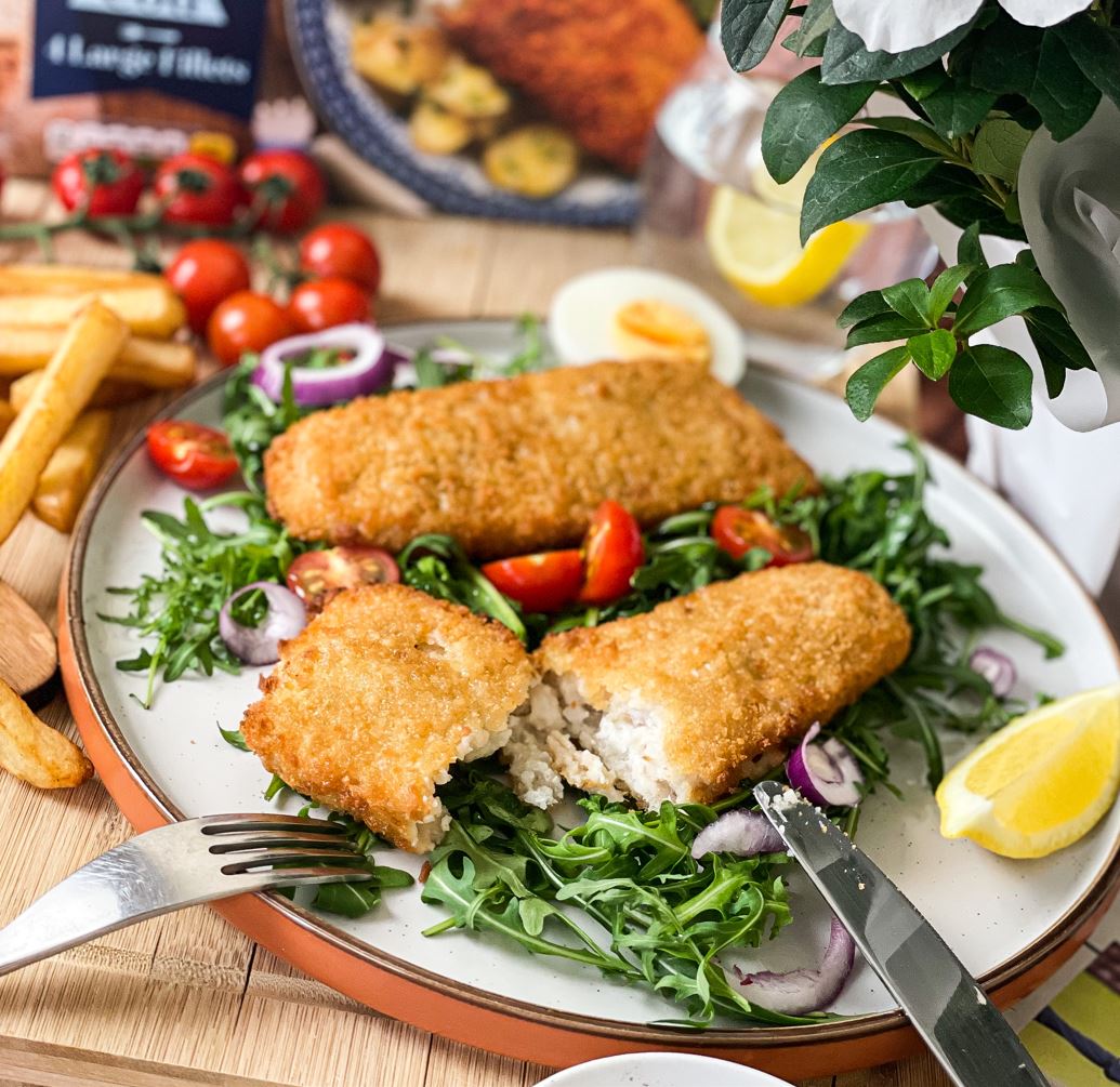 Battered Cod with Rocket Salad and Egg