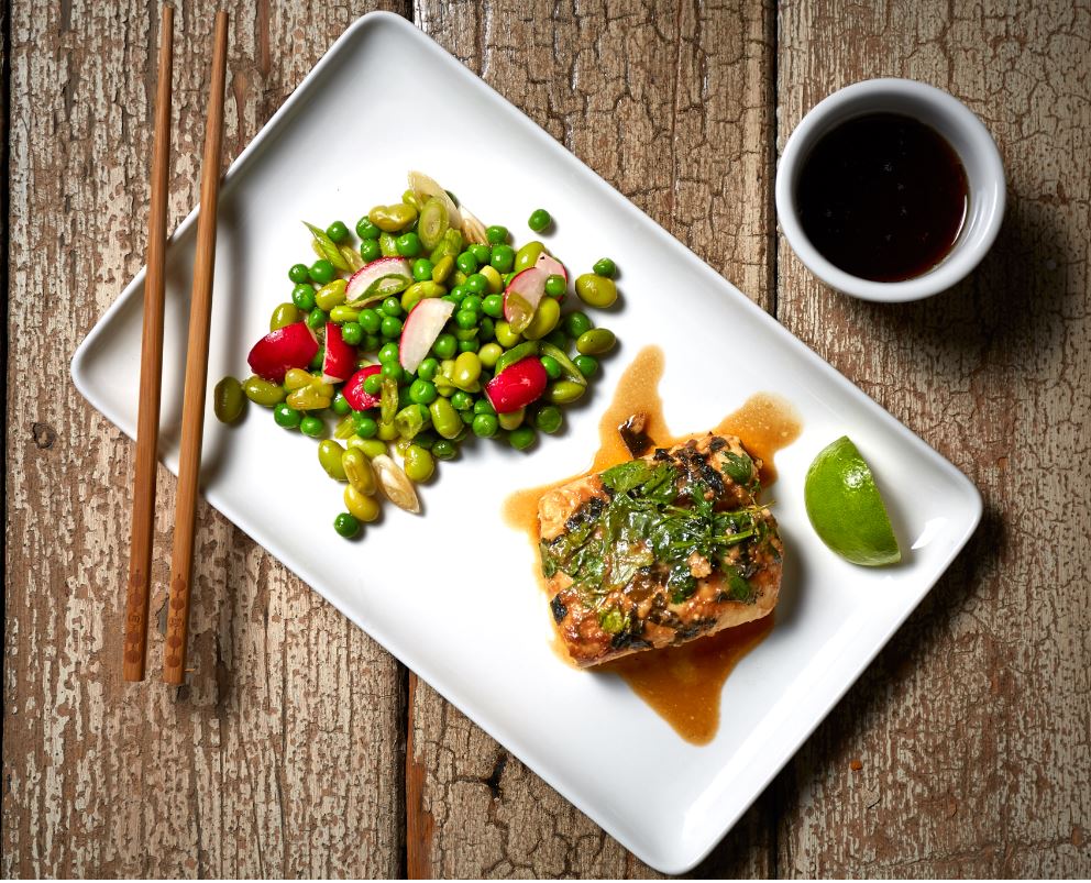 Sweet Miso Grilled Cod, Peas, Edamame and Soy